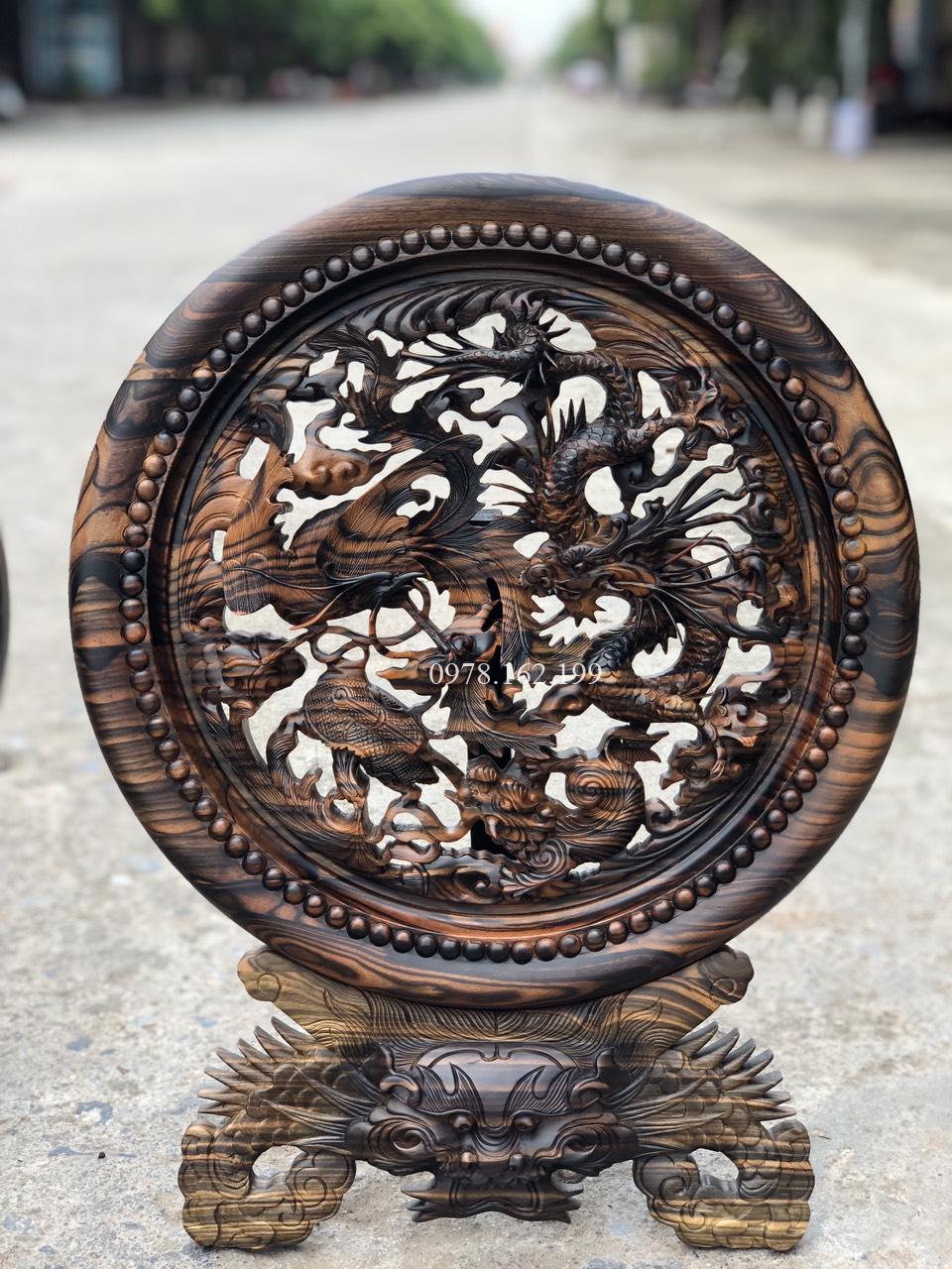 Đĩa tứ linh gỗ mun hoa MS40