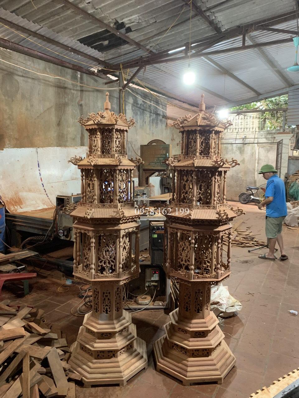 Đèn tháp 3 mái gỗ hương dát vàng MS2.17 - Ảnh 3