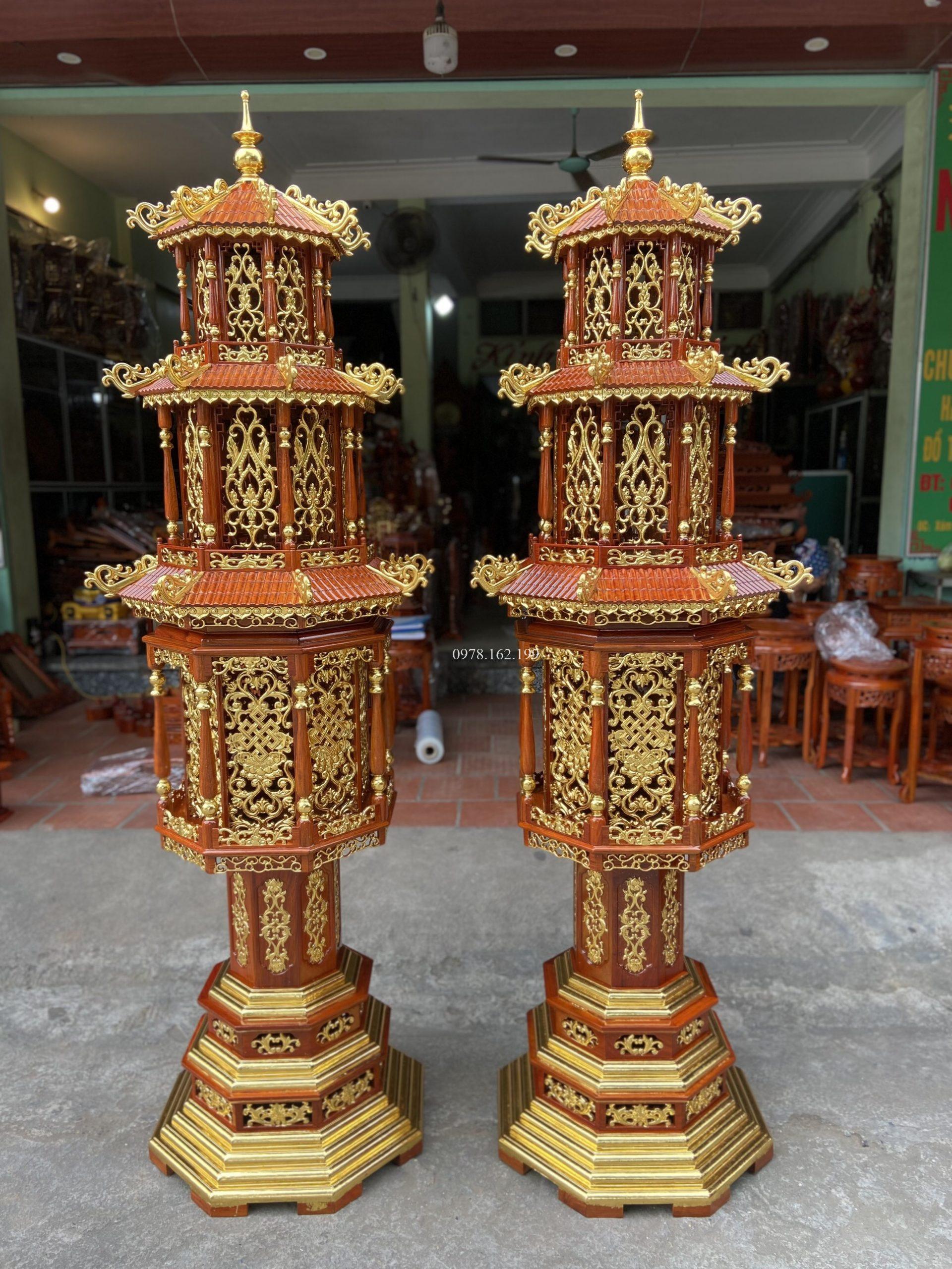 Đèn tháp 3 mái gỗ hương dát vàng MS2.17 - Ảnh 6