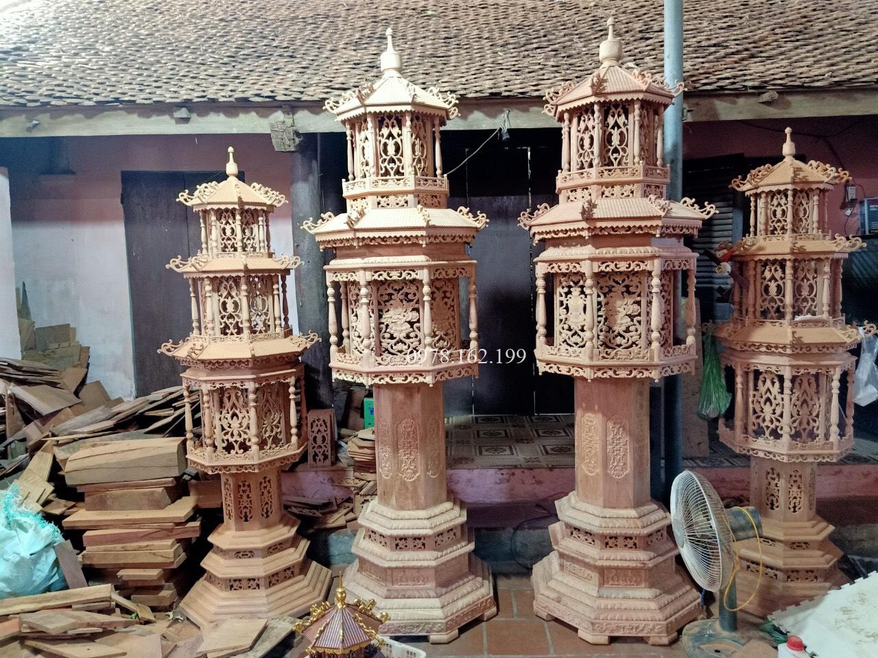 Đèn tháp 3 mái gỗ hương dát vàng MS2.17 - Ảnh 4