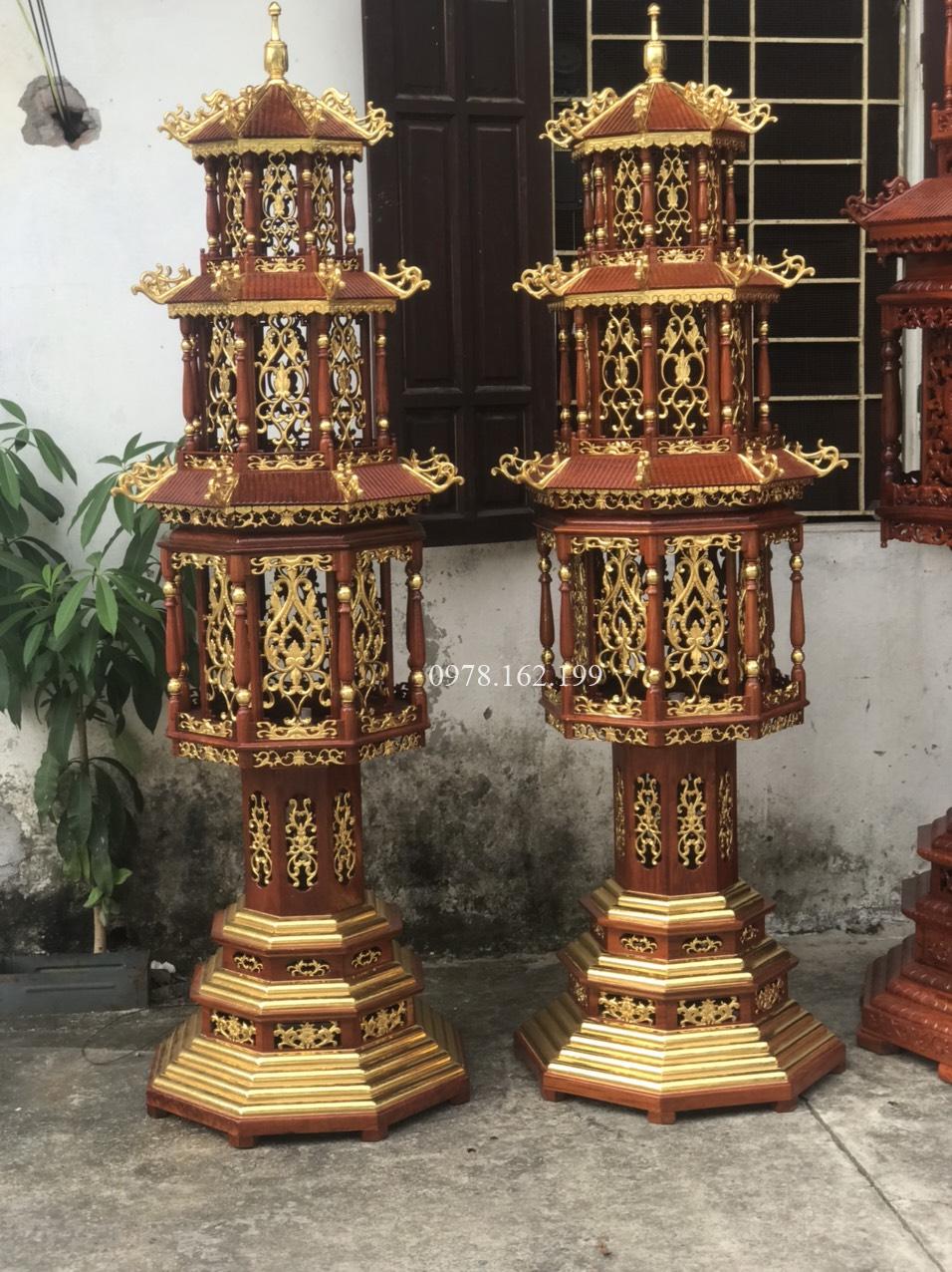 Đèn tháp 3 mái gỗ hương dát vàng MS2.17 - Ảnh 5