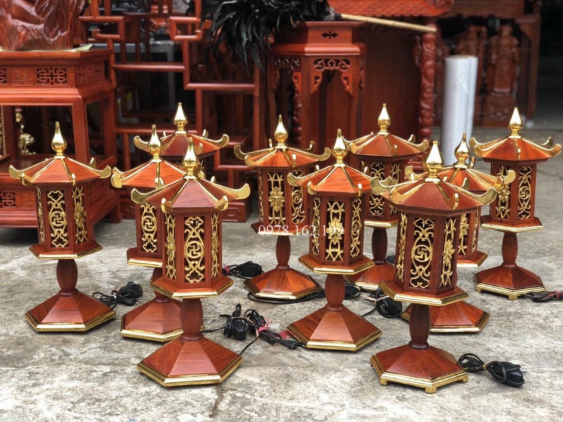 Đèn thờ lục giác gỗ hương dát vàng - Ảnh 4