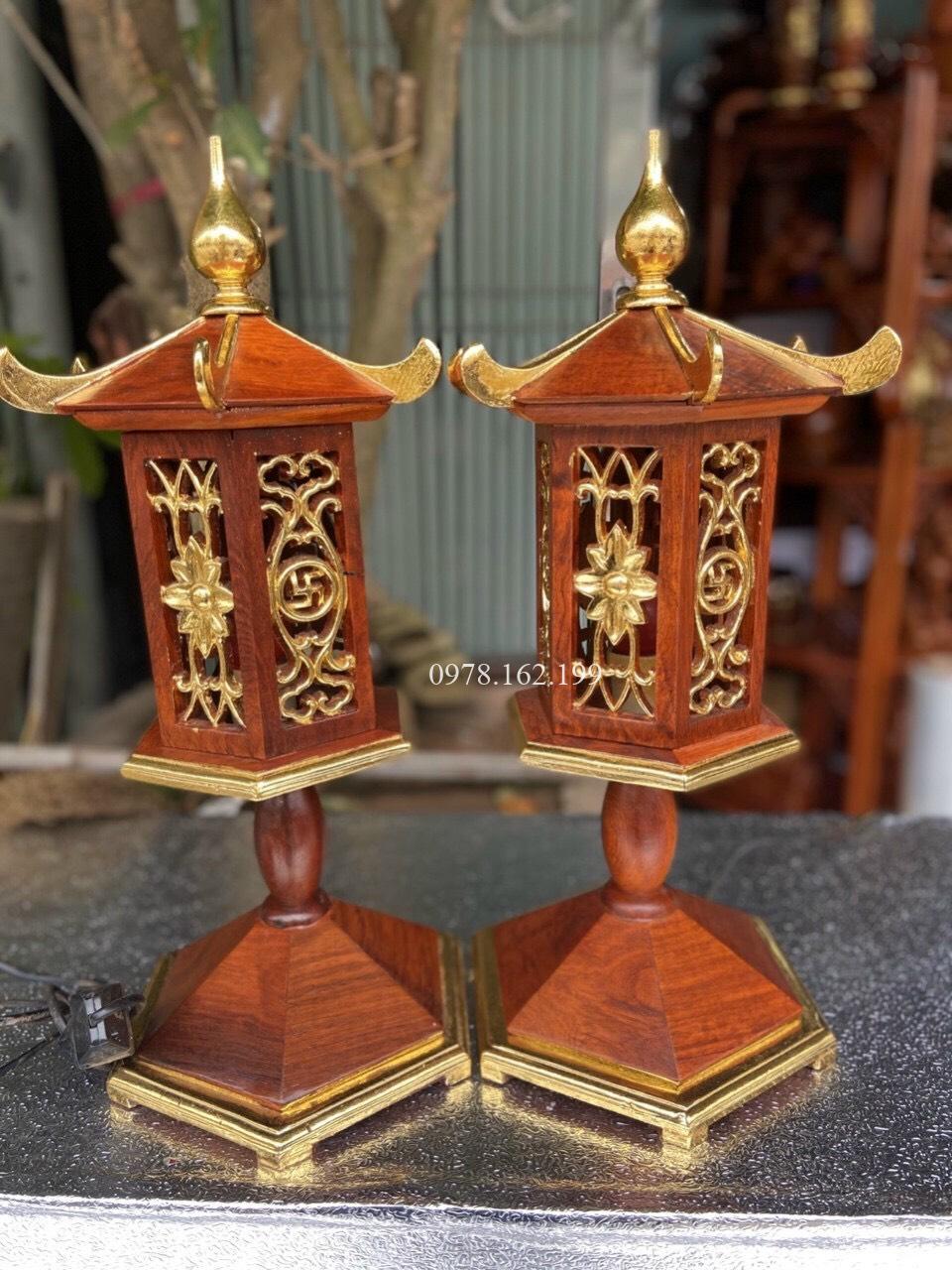 Đèn thờ lục giác gỗ hương dát vàng - Ảnh 3