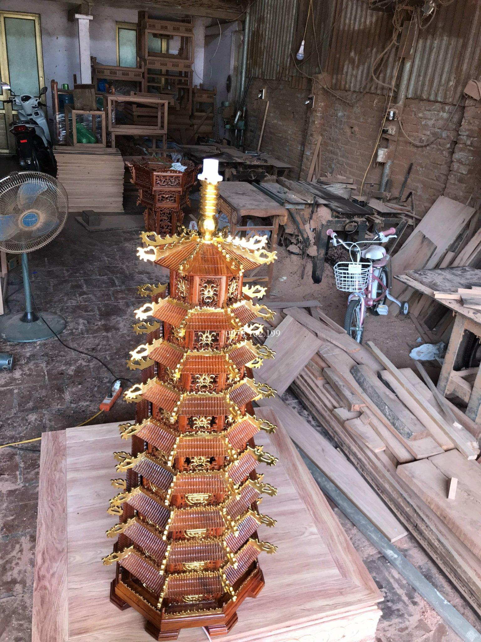 Đèn tháp Văn Xương gỗ hương dát vàng - Ảnh 6