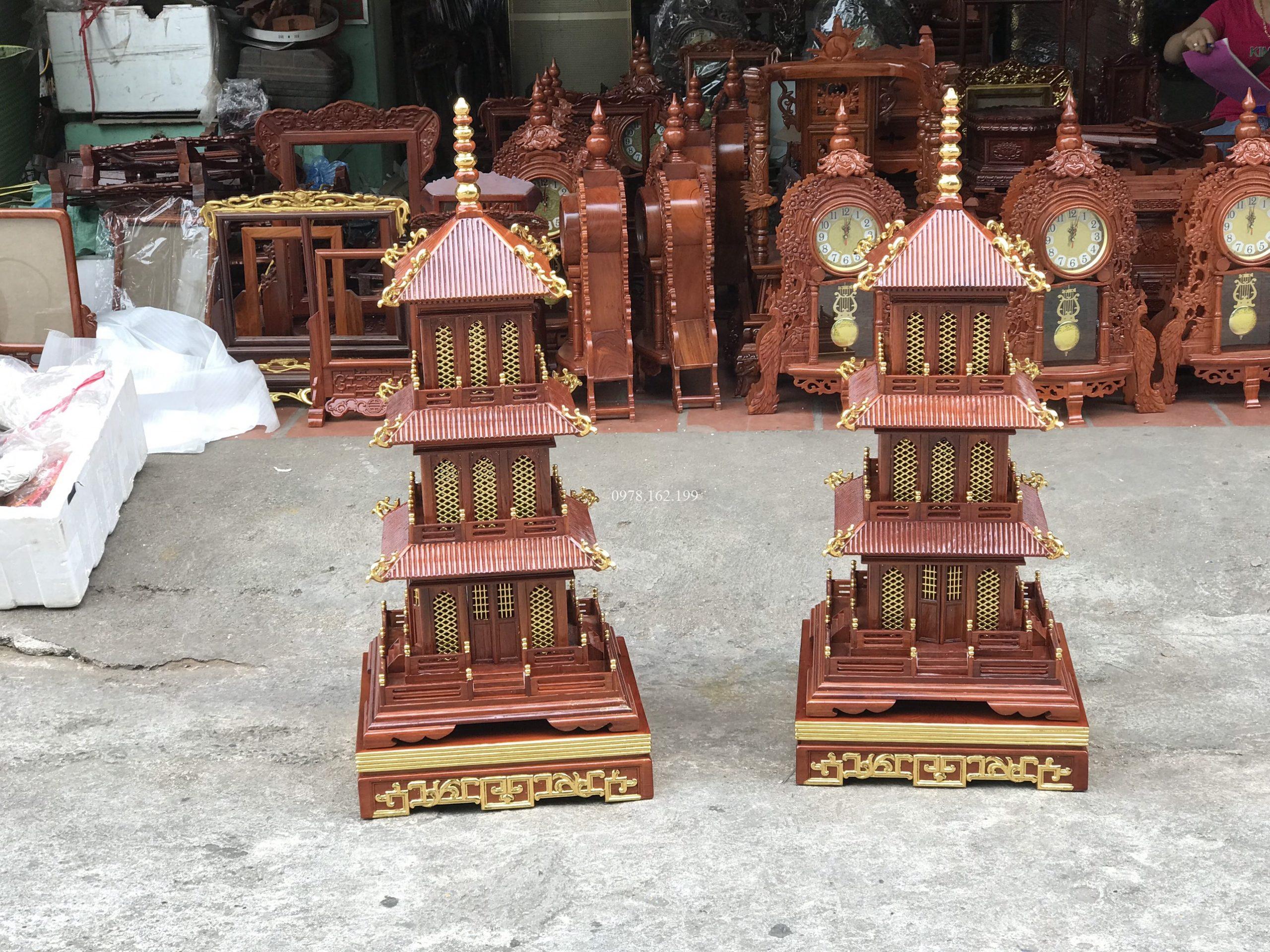 Đèn tháp vuông gỗ hương dát vàng 1m - Ảnh 4