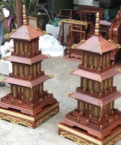 Đèn tháp vuông gỗ hương dát vàng 1m