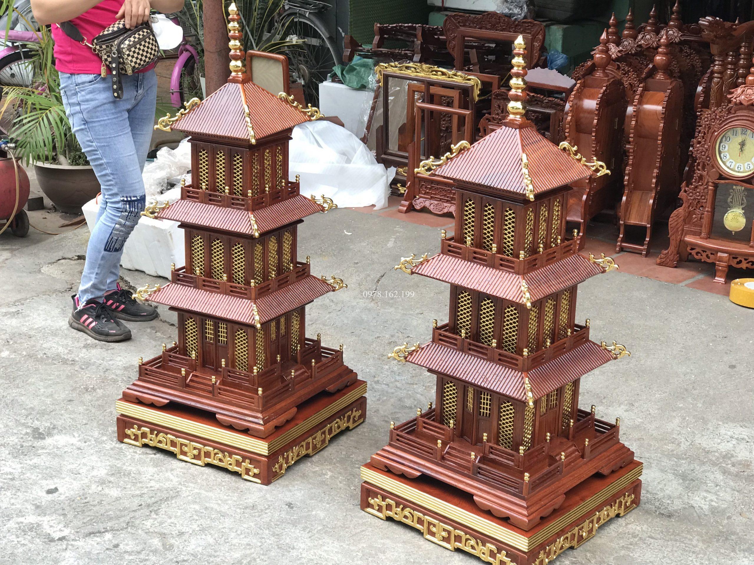 Đèn tháp vuông gỗ hương dát vàng 1m - Ảnh 2