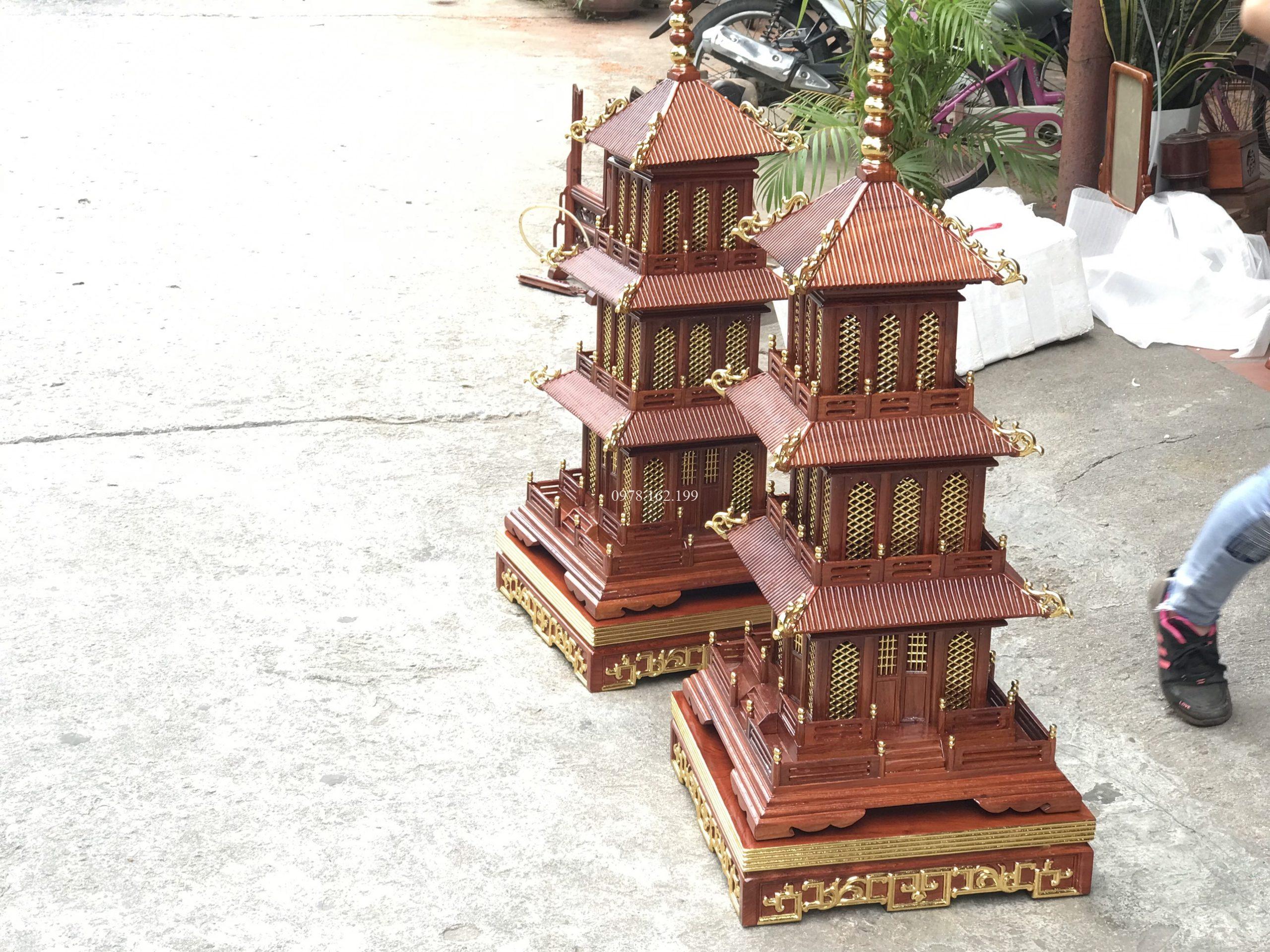 Đèn tháp vuông gỗ hương dát vàng 1m - Ảnh 5