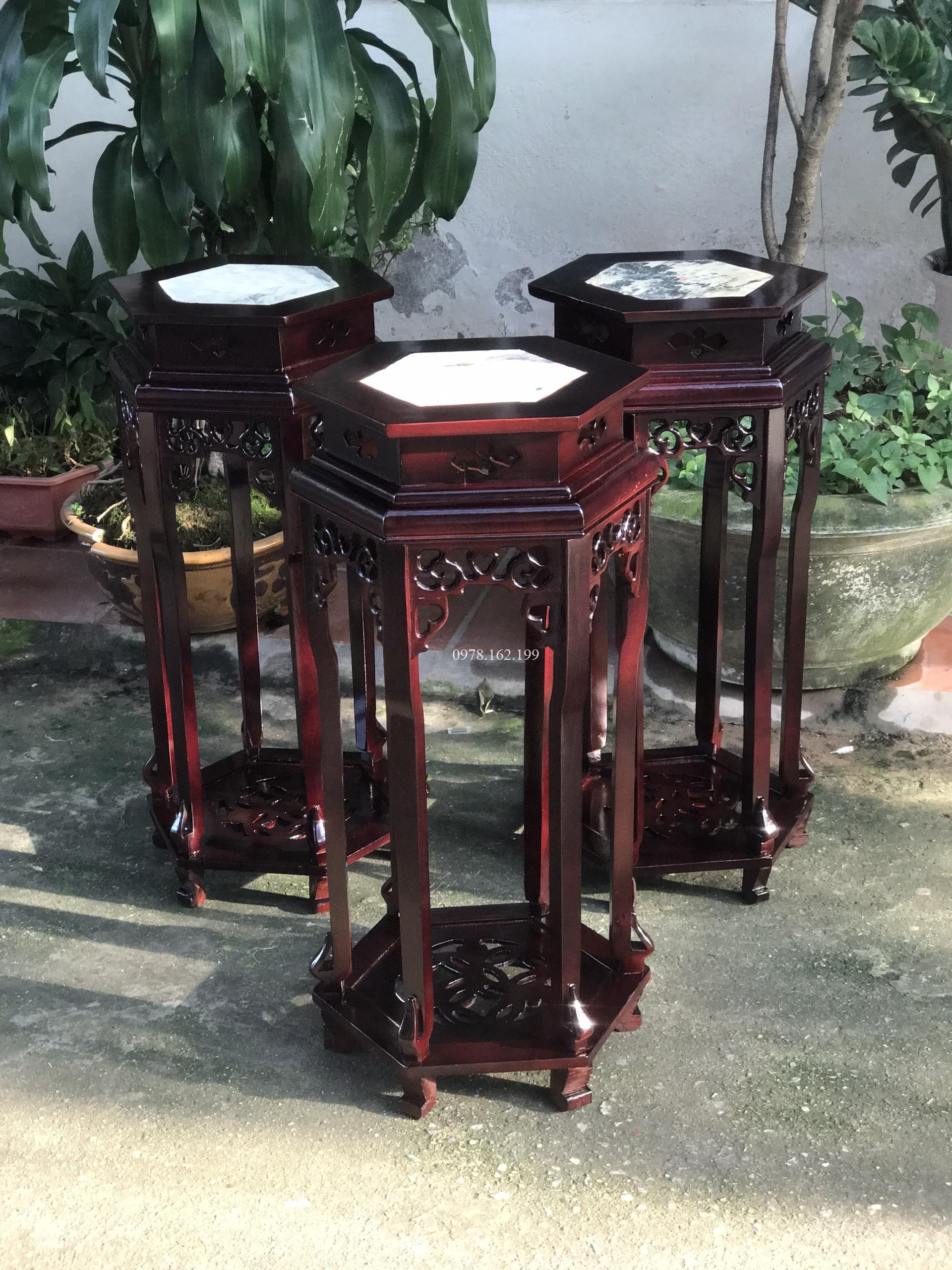 Đôn gỗ lục giác mặt đá giả cổ - Ảnh 4