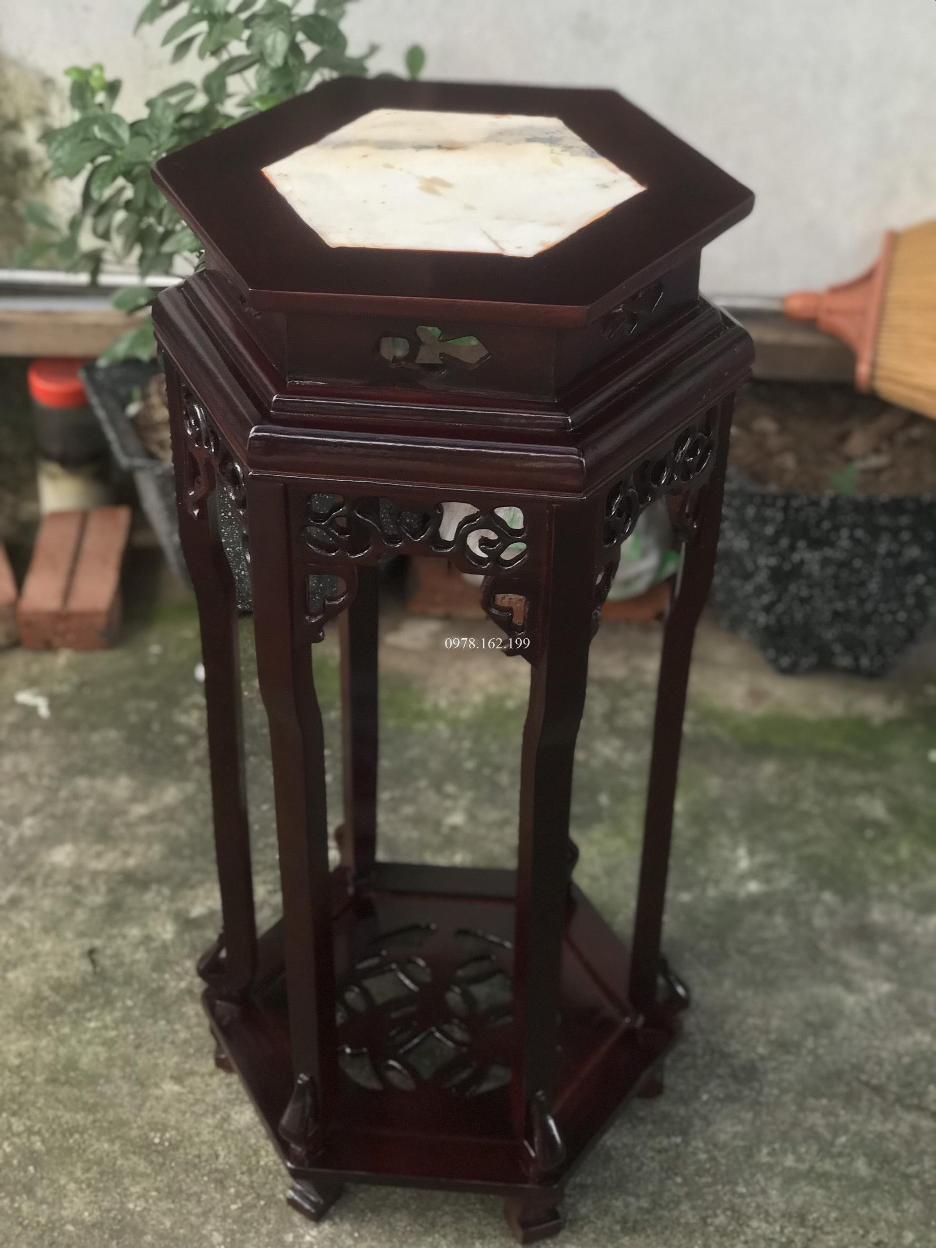 Đôn gỗ lục giác mặt đá giả cổ - Ảnh 3