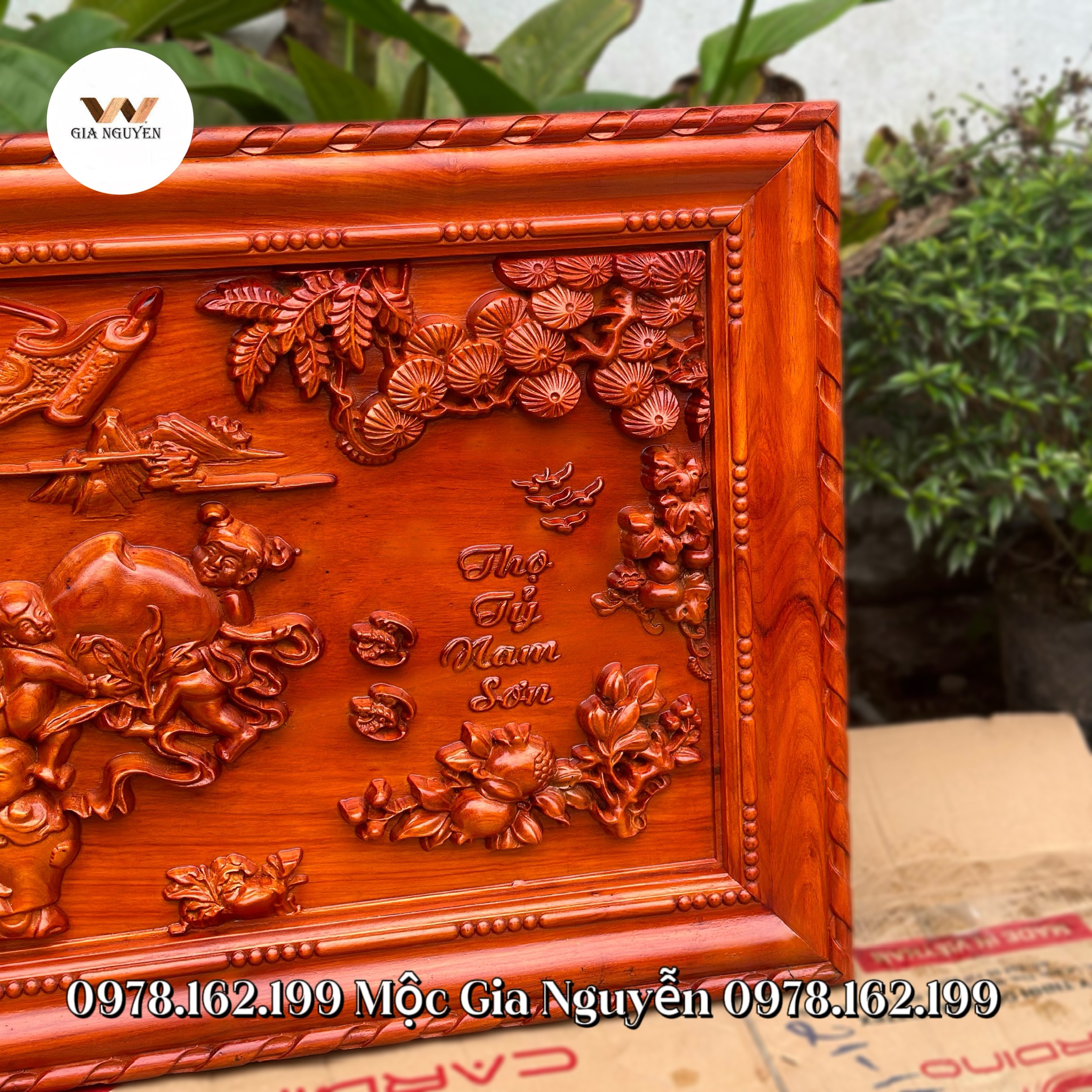 Tranh mừng thọ cụ bà gỗ hương 70x140cm
