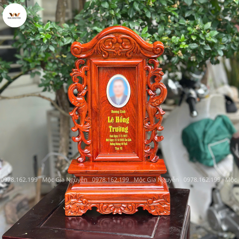 Bài Vị Gắn Ảnh Song Phụng Khắc Chìm Gỗ Hương BA02