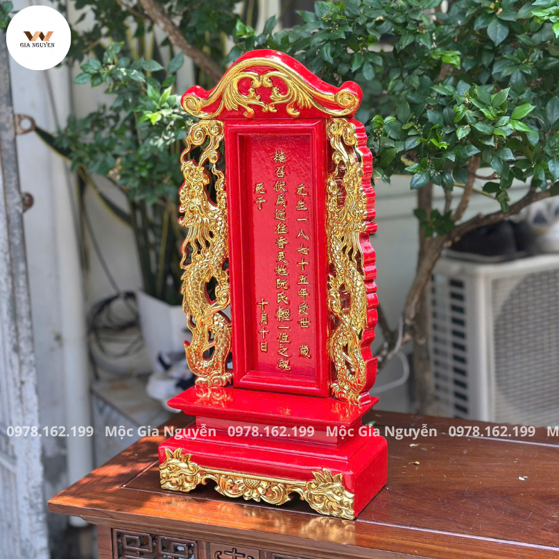 Bài Vị Song Long Sơn Son Thếp Vàng Gỗ Hương 48Cm BV97