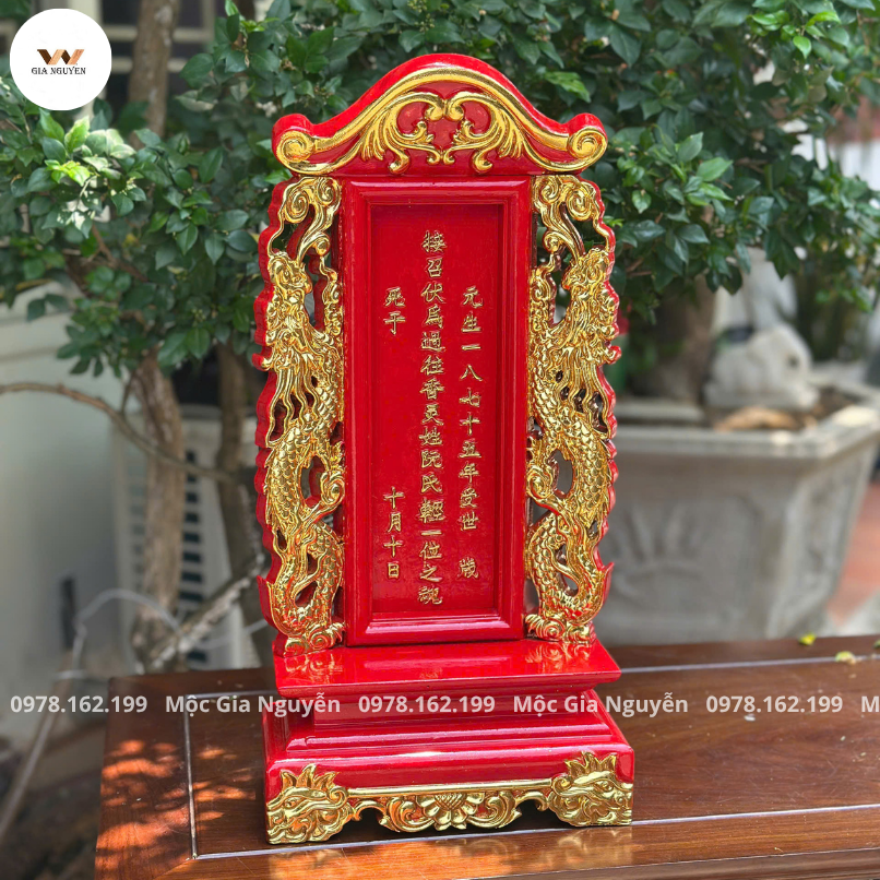 Bài Vị Song Long Sơn Son Thếp Vàng Gỗ Hương 48Cm BV97