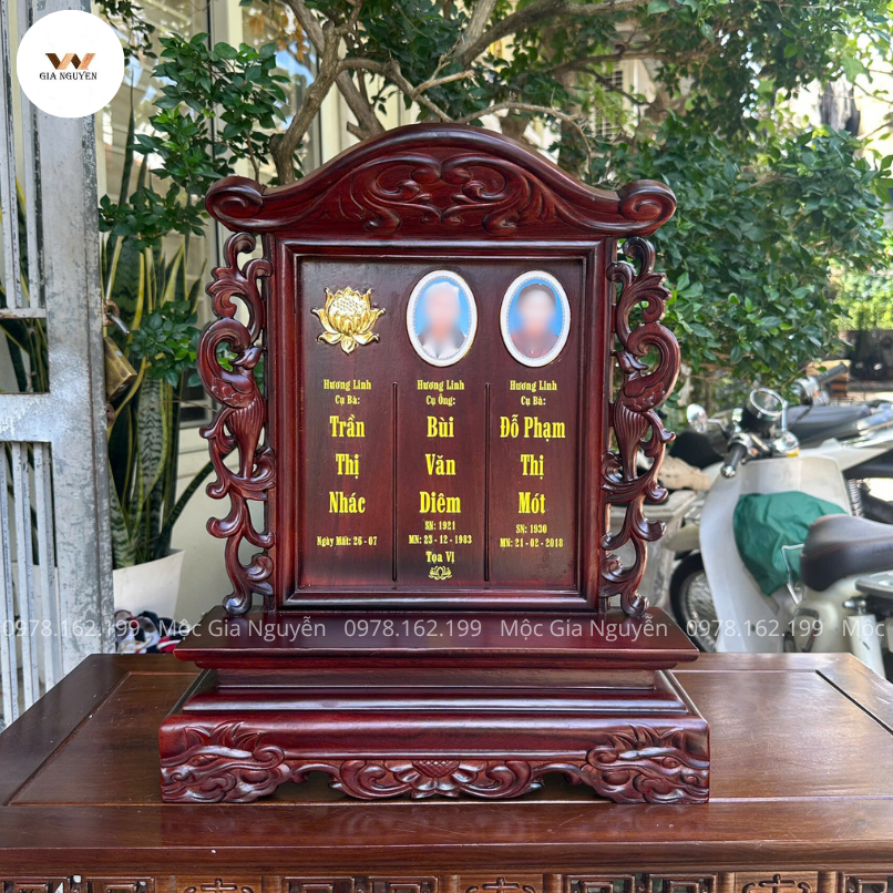 Bài Vị Gắn Ảnh 3 Người Song Phụng Gỗ Hương 48Cm BA04