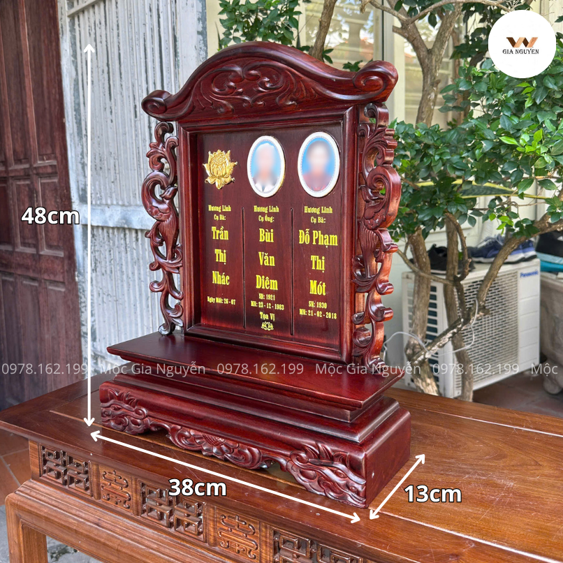 Bài Vị Gắn Ảnh 3 Người Song Phụng Gỗ Hương 48Cm BA04