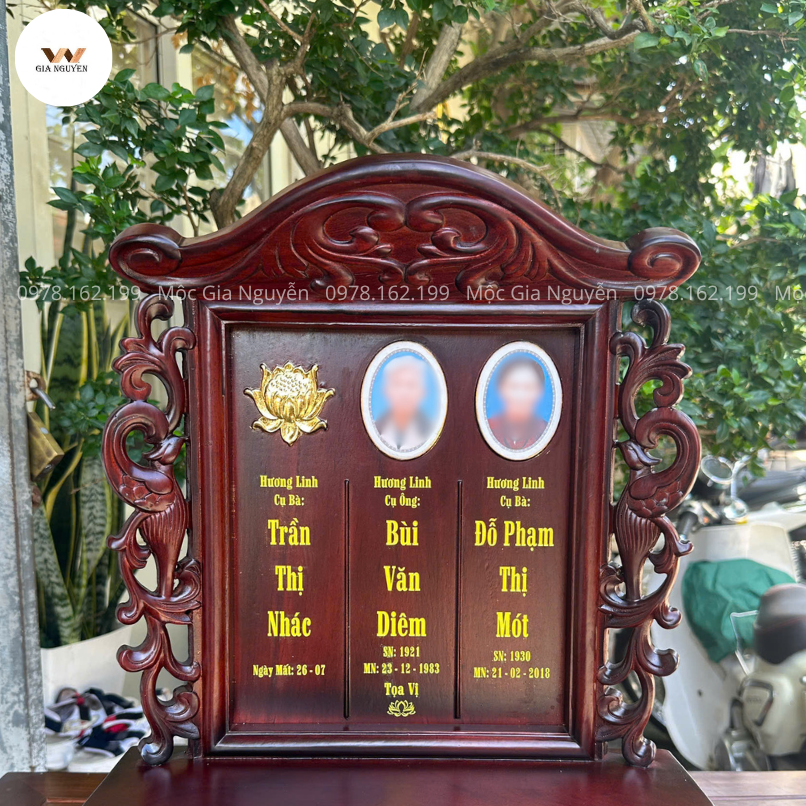Bài Vị Gắn Ảnh 3 Người Song Phụng Gỗ Hương 48Cm BA04
