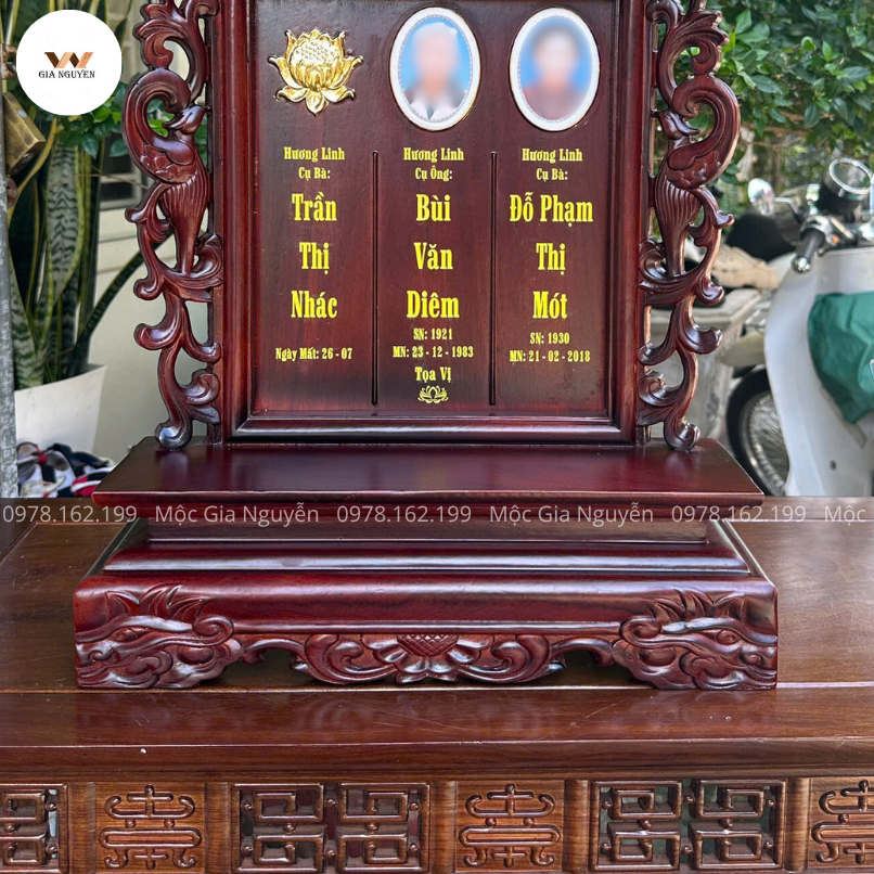 Bài Vị Gắn Ảnh 3 Người Song Phụng Gỗ Hương 48Cm BA04