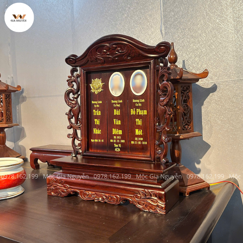 Bài Vị Gắn Ảnh 3 Người Song Phụng Gỗ Hương 48Cm BA04