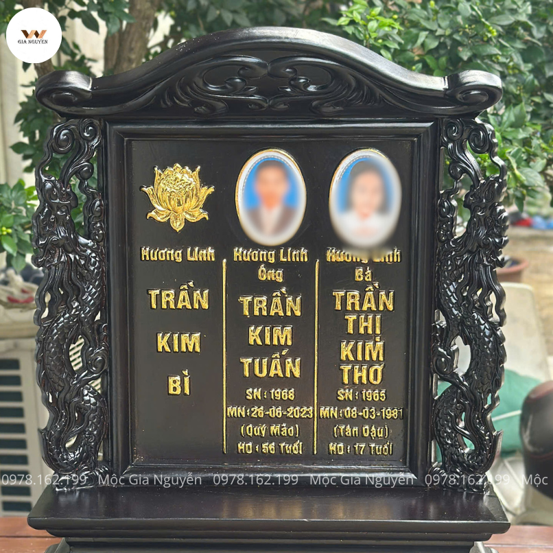 Bài Vị Cho 3 Người Song Long Gỗ Hương 48cm Màu Giả Cổ BA16