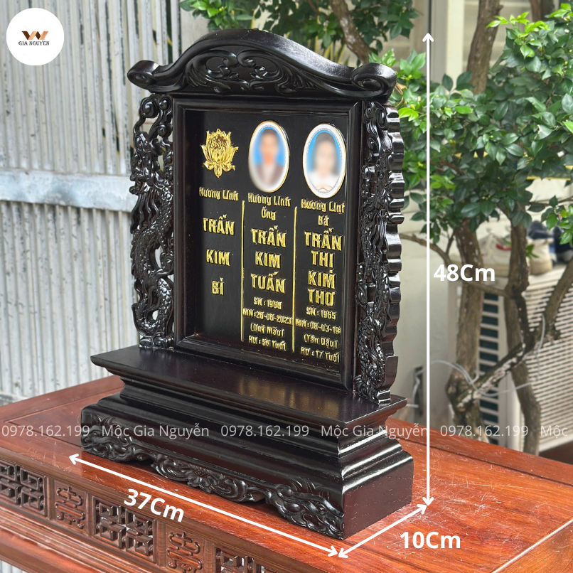 Bài Vị Cho 3 Người Song Long Gỗ Hương 48cm Màu Giả Cổ BA16
