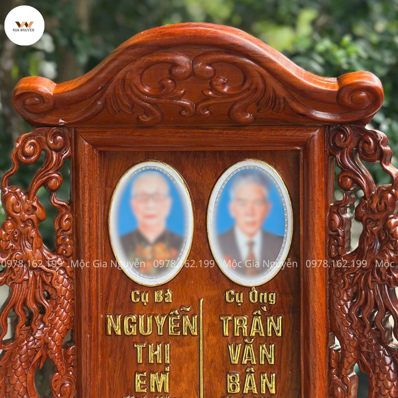Bài Vị Song Long Đôi Gỗ Hương Gắn Ảnh Gốm Sứ Cao 41 Cm BA17