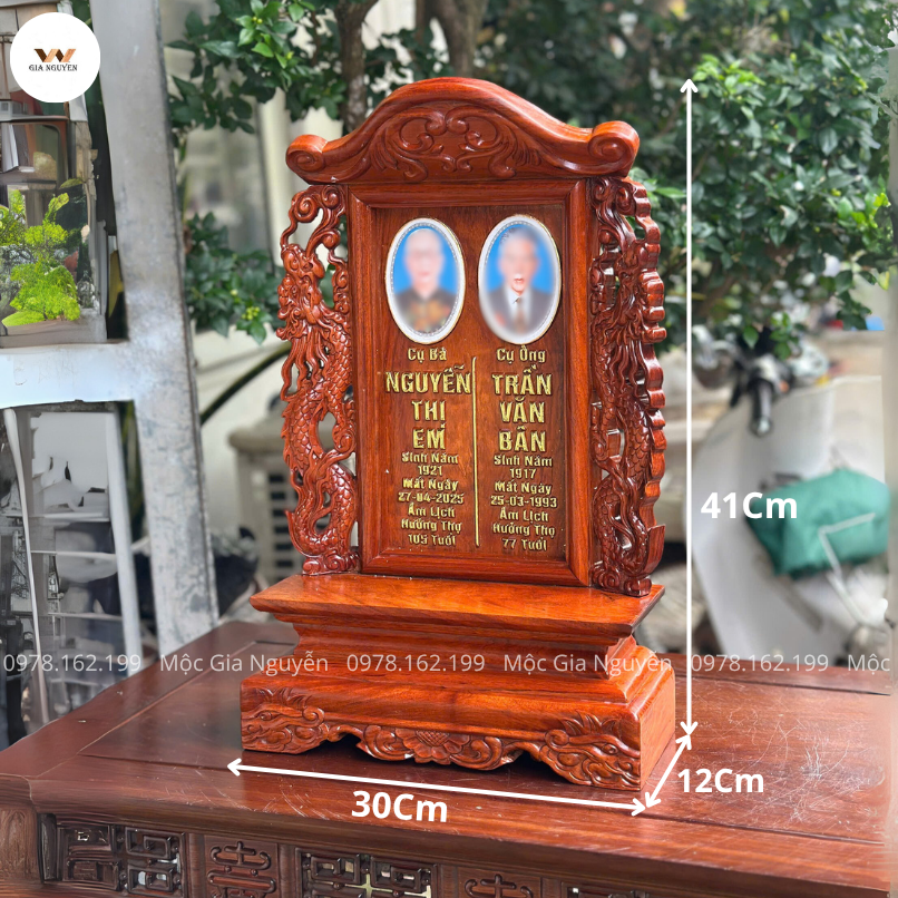 Bài Vị Song Long Đôi Gỗ Hương Gắn Ảnh Gốm Sứ Cao 41 Cm BA17