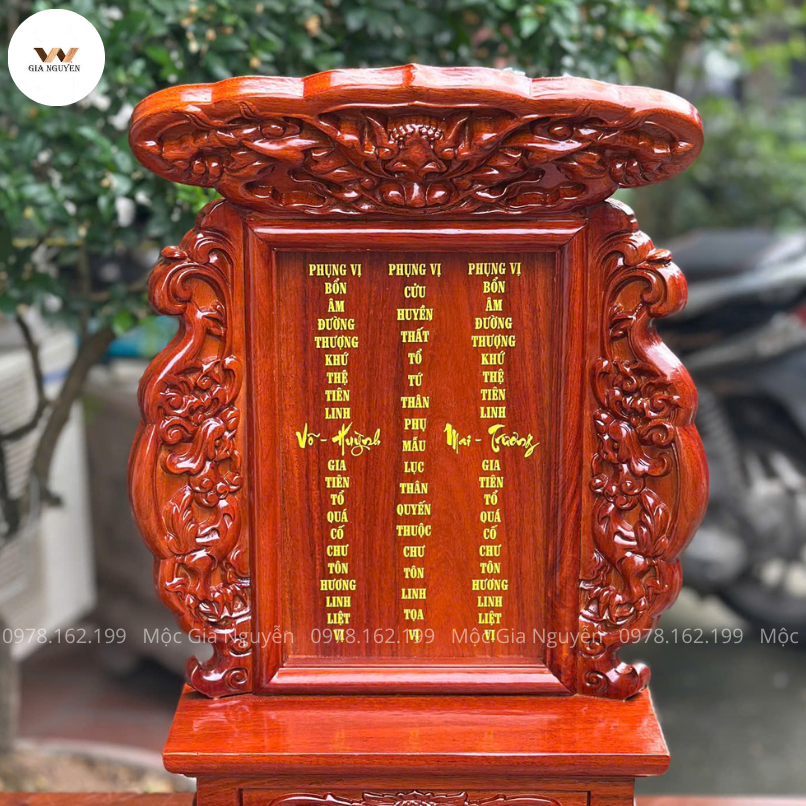 Bài Vị Hổ Phủ Chân Quỳ Cao 48Cm Gỗ Hương Khắc Chìm Sơn Vàng BA14