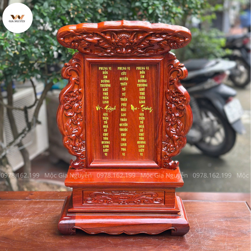 Bài Vị Hổ Phủ Chân Quỳ Cao 48Cm Gỗ Hương Khắc Chìm Sơn Vàng BA14