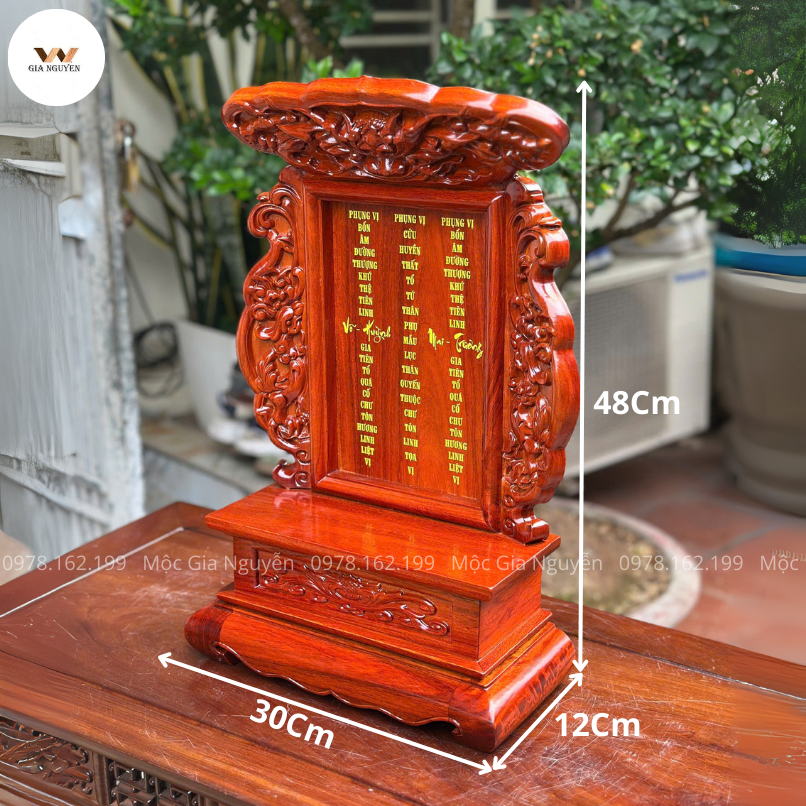Bài Vị Hổ Phủ Chân Quỳ Cao 48Cm Gỗ Hương Khắc Chìm Sơn Vàng BA14