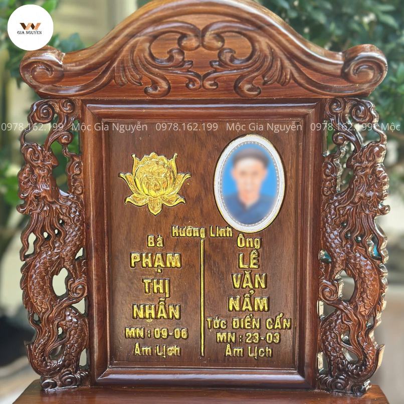 Bài Vị Đôi Gắn Ảnh Song Long Gỗ Hương 41Cm BA09