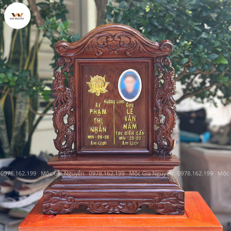 Bài Vị Đôi Gắn Ảnh Song Long Gỗ Hương 41Cm BA09
