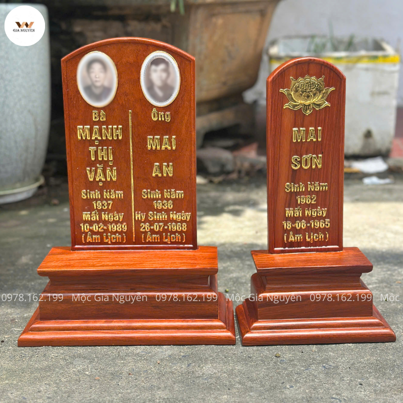 Bài vị đôi gỗ hương mẫu trơn cao 41 cm gắn ảnh đá BA19