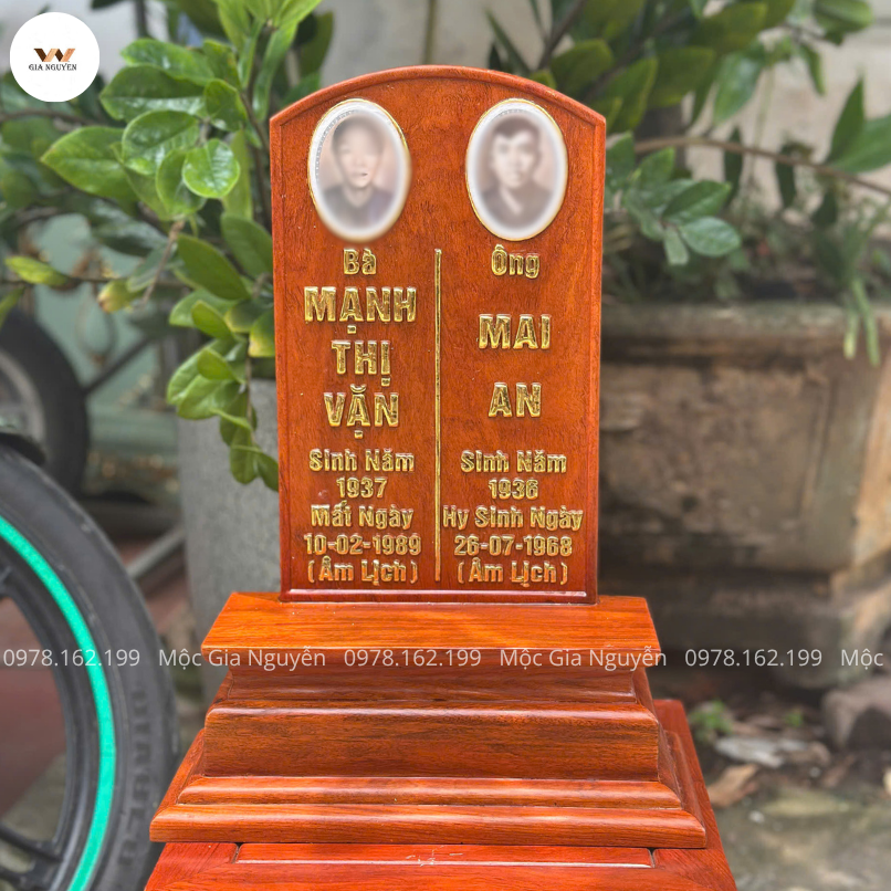 Bài vị đôi gỗ hương mẫu trơn cao 41 cm gắn ảnh đá BA19