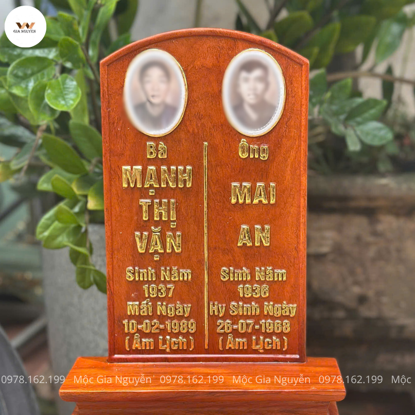 Bài vị đôi gỗ hương mẫu trơn cao 41 cm gắn ảnh đá BA19