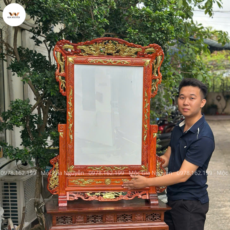 Khung Ảnh Thờ Tứ Linh Dát Vàng Cỡ Lớn 47Cmx67Cm Gỗ Hương