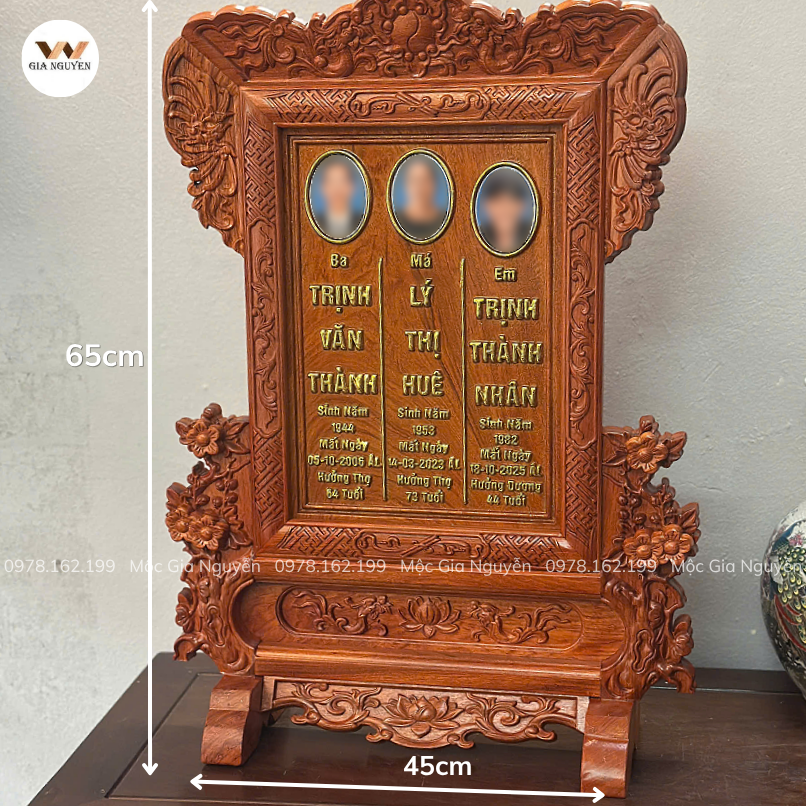 Bài Vị Hoa Mai Cho 3 Người Gỗ Hương Đá Màu Hương BA29 - Ảnh 2