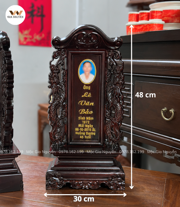 Bài Vị Song Long Gỗ Hương Chữ Hoa Màu Mận Chín Đậm 48x30cm BA44
