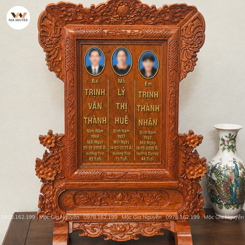 Bài Vị Hoa Mai Cho 3 Người Gỗ Hương Đá Màu Hương BA29