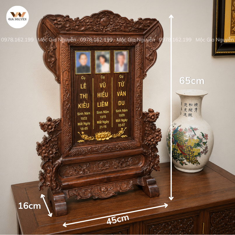 Bài Vị Hoa Mai Cho 3 Người Gỗ Hương Đá Màu Óc Chó BA30