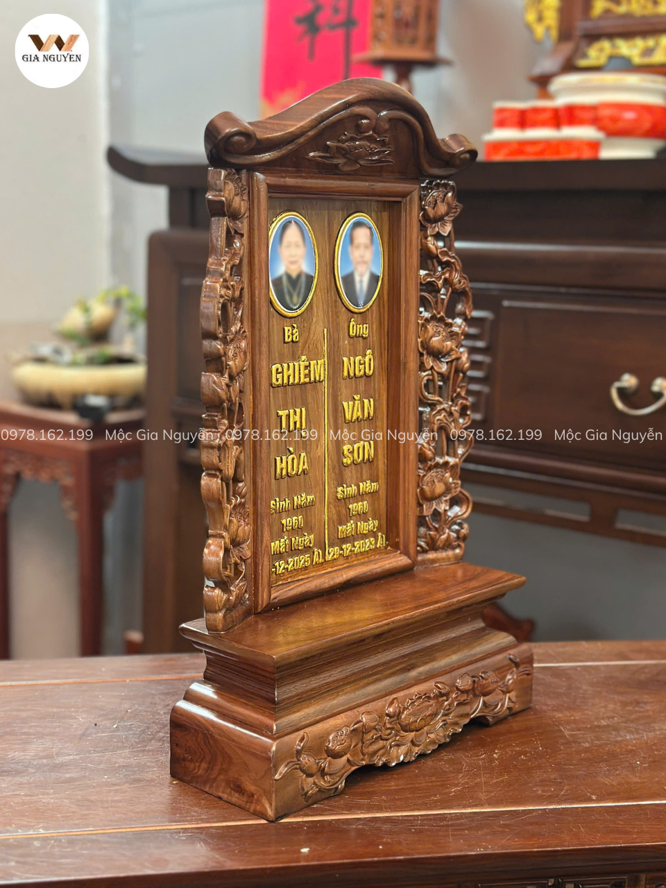 Sen Vị Gỗ Hương Gắn Ảnh Màu Óc Chó Cao 48cm BA39 - Ảnh 3