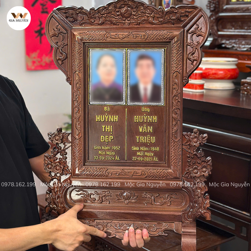 Bài Vị Đôi Hoa Mai Gắn Ảnh Gỗ Hương Đá BA32