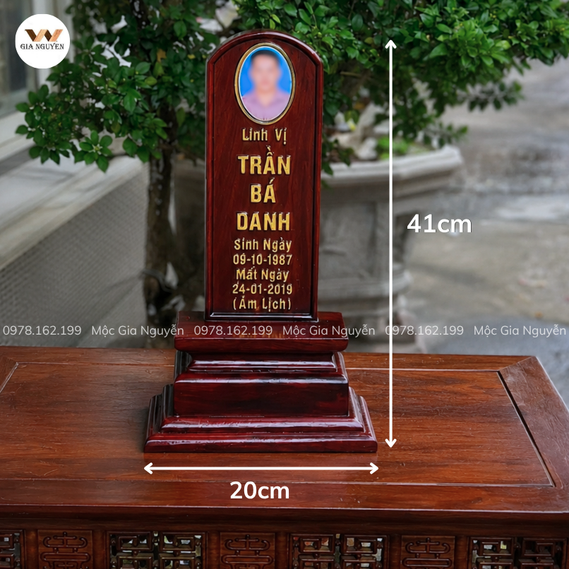 Bài Vị Gắn Ảnh Gỗ Hương Lào Mẫu Trơn 41x20cm