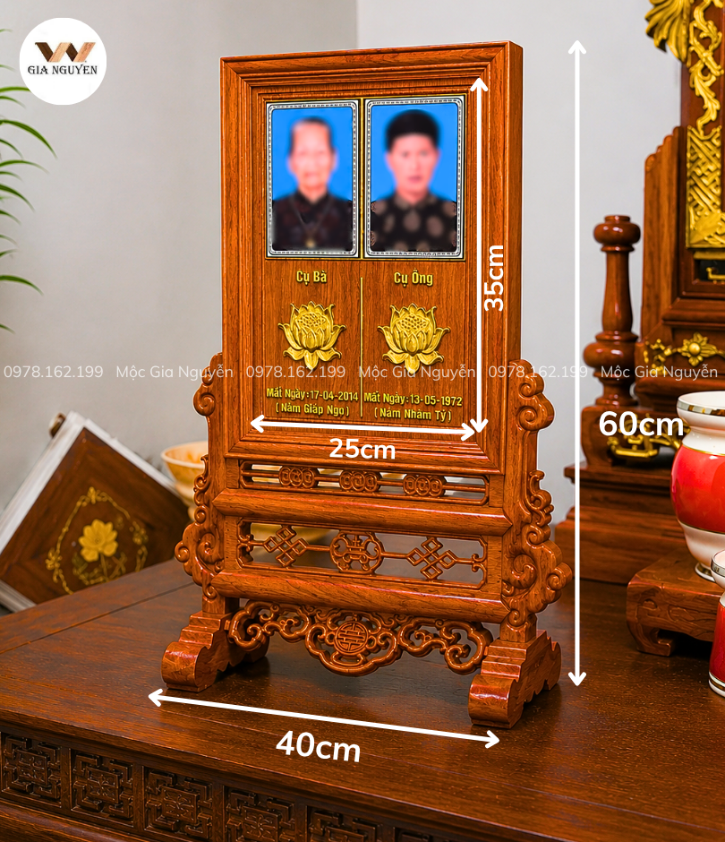 Bài Vị Đôi Mẫu Khung Chữ Thọ Màu Cánh Gián Gỗ Hương Đá 60x40cm