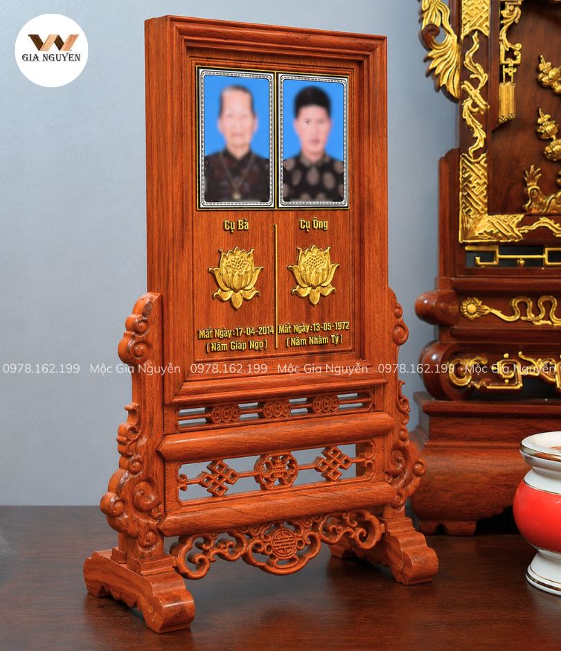 Bài Vị Đôi Mẫu Khung Chữ Thọ Màu Cánh Gián Gỗ Hương Đá 60x40cm