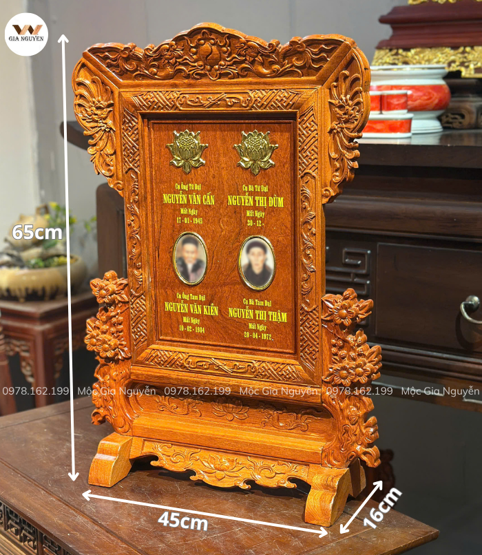 Bài Vị Hoa Mai Cho 4 Người Gỗ Hương Đá Màu Hương 65×45cm BA47