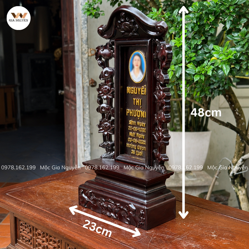 Bài Vị Sen Gắn Ảnh Gỗ Hương Màu Mận Chín 48x23cm BA49