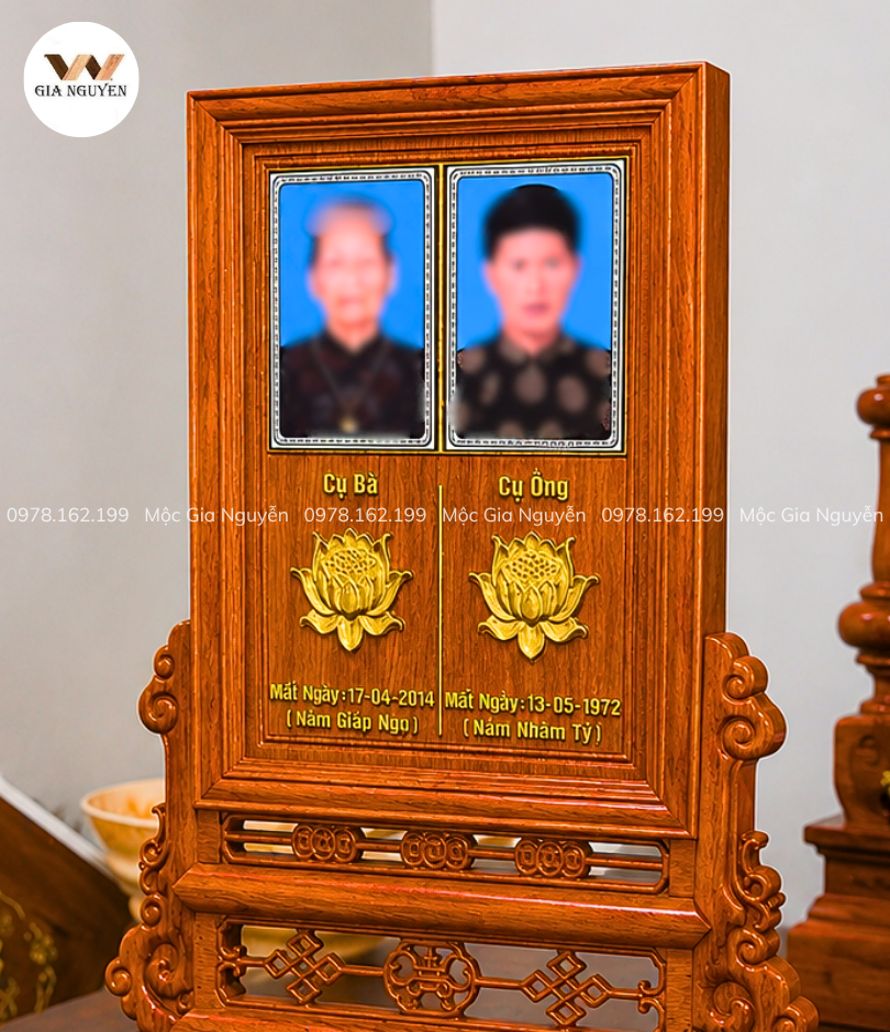 Bài Vị Đôi Mẫu Khung Chữ Thọ Màu Cánh Gián Gỗ Hương Đá 60x40cm