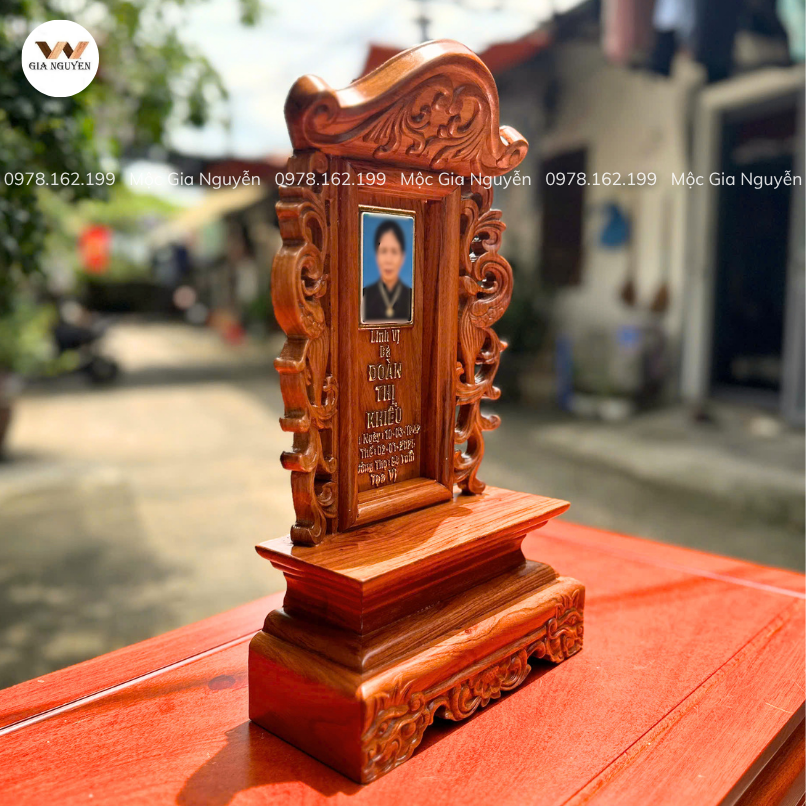 Bài Vị Song Long Gắn Ảnh Gỗ Hương Màu Trần 41x23cm BA50