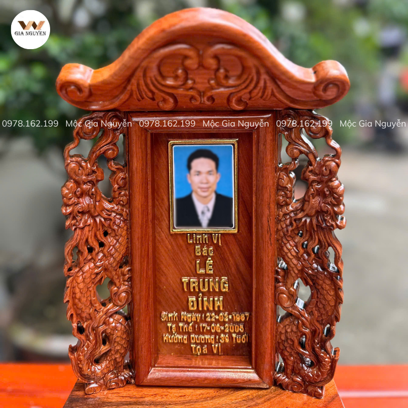 Bài Vị Song Long Gắn Ảnh Gỗ Hương Màu Trần 41x23cm BA50